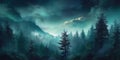 Generative AI. Mystical foggy forest with pine trees under night sky