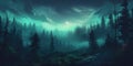 Generative AI. Mystical foggy forest with pine trees under night sky