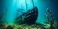 Mystical sunken pirate ship resting on ocean floor amidst swaying seaweed and bubbles under ethereal blue light