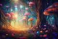 Generative AI mythical forest inhabited by mystical creatures, with towering trees adorned with glowing orbs and