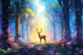 Generative AI mythical forest inhabited by mystical creatures, with towering trees adorned with glowing orbs and