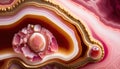 Generative AI, natural volcanic agate stones close-up pink magenta and golden texture. Wallpaper background, quartz marble,