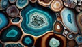 Generative AI, natural volcanic agate stones close-up turquoise, brown and orange texture. Wallpaper background, quartz marble,