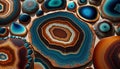 Generative AI, natural volcanic agate stones close-up turquoise, brown and orange texture. Wallpaper background, quartz marble, Royalty Free Stock Photo