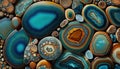 Generative AI, natural volcanic agate stones close-up turquoise, brown and orange texture. Wallpaper background, quartz marble, Royalty Free Stock Photo