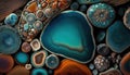 Generative AI, natural volcanic agate stones close-up turquoise, brown and orange texture. Wallpaper background, quartz marble, Royalty Free Stock Photo