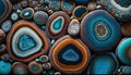 Generative AI, natural volcanic agate stones close-up turquoise, brown and orange texture. Wallpaper background, quartz marble, Royalty Free Stock Photo