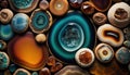 Generative AI, natural volcanic agate stones close-up turquoise, brown and orange texture.