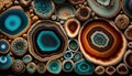 Generative AI, natural volcanic agate stones close-up turquoise, brown and orange texture.