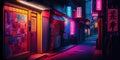 Generative AI, Night scene of asian city in cyberpunk style, futuristic nostalgic 80s, 90s. Royalty Free Stock Photo