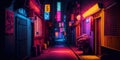 Generative AI, Night scene of asian city in cyberpunk style, futuristic nostalgic 80s, 90s. Royalty Free Stock Photo