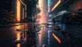 Generative AI, Night scene of after rain city in cyberpunk style with car, futuristic nostalgic 80s, 90s. Neon lights vibrant Royalty Free Stock Photo