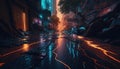 Generative AI, Night scene of after rain city in cyberpunk style, futuristic nostalgic 80s, 90s. Neon lights vibrant colors,