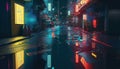 Generative AI, Night scene of after rain city in cyberpunk style, futuristic nostalgic 80s, 90s. Neon lights vibrant colors,