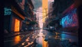 Generative AI, Night scene of after rain city in cyberpunk style, futuristic nostalgic 80s, 90s. Neon lights vibrant colors, Royalty Free Stock Photo