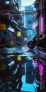Generative AI, Night scene of after rain city in cyberpunk style, futuristic nostalgic 80s, 90s. Neon lights vibrant colors, Royalty Free Stock Photo
