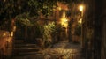 Generative AI Night view of old cozy street in Trastevere in Rome Italy Trastevere is rione of Rome on the west ba Royalty Free Stock Photo