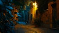 Generative AI Night view of old cozy street in Trastevere in Rome Italy Trastevere is rione of Rome on the west ba Royalty Free Stock Photo