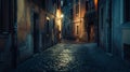 Generative AI Night view of old cozy street in Trastevere in Rome Italy Trastevere is rione of Rome on the west ba Royalty Free Stock Photo