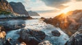 Generative AI oad by the sea in sunrise time Lofoten island Norway business concept.