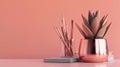 Generative AI Office supplies in rose gold color with crassula houseplant business concept.