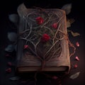 Generative AI: old book with secrets wrapped in branches with thorns and roses