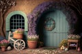 Generative AI of an old door with flowers and a bicycle