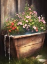 Generative AI: Old fashioned wooden barrow with boxes of flowers, outside the stores