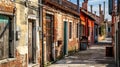 Generative AI Old Foundry Buildings Exterior in Murano Street Isle near Venice, Italy business concept. Royalty Free Stock Photo