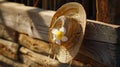 Generative AI Old straw hat with an artificial flower hangs on a wooden fence on the street at the ethnographic vi