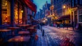 Generative AI Old street with tables of cafe in center of Brussels Belgium Night cityscape of Brussels Bruxelles A Royalty Free Stock Photo
