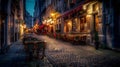 Generative AI Old street with tables of cafe in center of Brussels Belgium Night cityscape of Brussels Bruxelles A Royalty Free Stock Photo