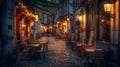 Generative AI Old street with tables of cafe in center of Brussels Belgium Night cityscape of Brussels Bruxelles A Royalty Free Stock Photo