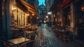 Generative AI Old street with tables of cafe in center of Brussels Belgium Night cityscape of Brussels Bruxelles A Royalty Free Stock Photo