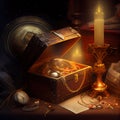 Generative AI: old treasure box with relics lit by candle