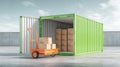 Generative AI Open Green Cargo Container with Boxes on Hand Truck Shipping and Logistics Solution business concept Royalty Free Stock Photo