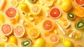 Generative AI Orange flatlay covered in tropical fruit like lemon kiwi mango ananas passion fruit grapefruit Summe Royalty Free Stock Photo