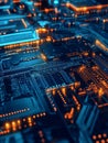 Generative AI Orange Illuminated Microchip Circuitry on Macro Scale Communicating Digital Innovation business conc