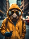 Generative AI. Orangutan with sunglasses and headphones, on the street with yellow sweatshirt, using its smartphone