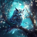 Generative AI: owl in a fantasy nigth with ligths in blue forest Royalty Free Stock Photo