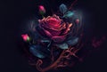 Generative AI: painted red rose on black background with sprigs Royalty Free Stock Photo