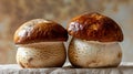 Generative AI Pair of cep penny bun or porcino Boletus edulis is a basidiomycete fungus Macro close up of deliciou