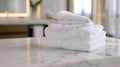 Generative AI panorama shot  Towels on marble top table with copy space on blurred bathroom background For product Royalty Free Stock Photo