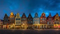 Generative AI Panorama of typical Dutch houses on the Markt square in the center of the old city at night Delft Ho Royalty Free Stock Photo