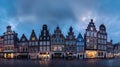 Generative AI Panorama of typical Dutch houses on the Markt square in the center of the old city at night Delft Ho Royalty Free Stock Photo