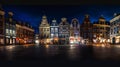 Generative AI Panorama of typical Dutch houses on the Markt square in the center of the old city at night Delft Ho Royalty Free Stock Photo