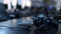 Generative AI Panorama view of empty call center operator workspace focused on headset Representing corporate cust
