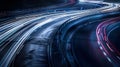 Generative AI Panoramic Cars light trails at night in a curve asphalt road at night long exposure image business