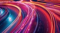 Generative AI Panoramic  Cars light trails at night in a curve  asphalt road at night long exposure image business Royalty Free Stock Photo