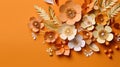 Generative AI, Paper cut craft flowers and leaves, apricot crush orange color, origami textured background